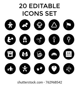 Set of 20 small filled icons such as baby, barn, bed mobile, teddy bear, mirror, manicure scissors, old woman and child, eye test, guitar mediator, triangle musical instrument