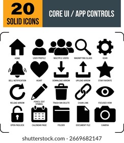 Conjunto de 20 ícones de interface do usuário preto sólido, incluindo home, usuário, engrenagem, setas, pasta, calendário e muito mais. Símbolos de controle de aplicativo mínimos, isolados no plano de fundo branco
