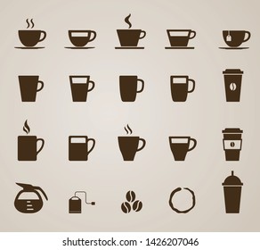 Set 20 solid icons of a coffee cup, bean, or jar on light brown background. Vector illustration.