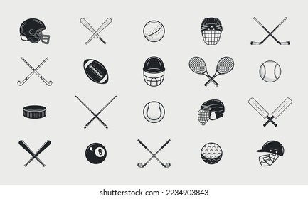 Set von 20 Sport-Symbolen. Vintage Sportelemente. Eishockey, Rugby, American Football, Baseball, Billiard, Tennis, Cricket, Golf. Druck für T-Shirt. Vektorgrafik