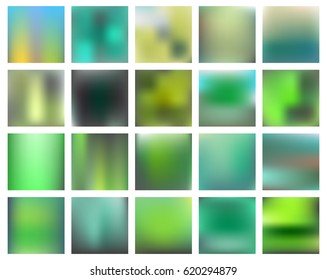 Set of 20 square blurred nature backgrounds. Sunset and sunrise sea blurred green background