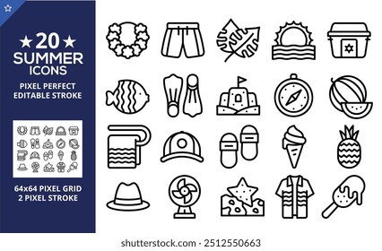 Set of 20 Summer icons. Vacation and beach web icons in line style. Travel, holiday, tourism, hotel, passport, maps, landscape, camera. Icon collection. Vector illustration.