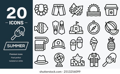 Set of 20 Summer icons. Vacation and beach web icons in line style. Travel, holiday, tourism, hotel, passport, maps, landscape, camera. Icon collection. Vector illustration.