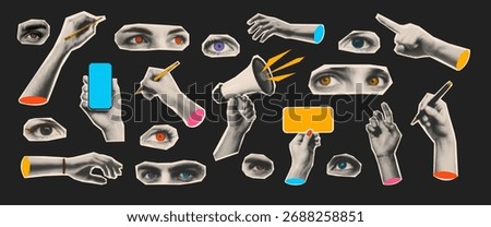 Set of 20 surreal collage elements in halftone style featuring hands, eyes, megaphone, and phones. Perfect for retro posters, zines, and graphic design.
