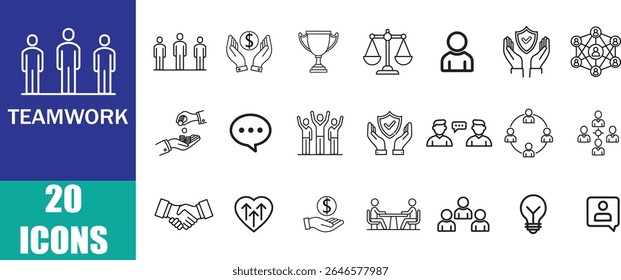 Set von 20 Teamwork-Symbolen, Outline-Vektorsammlung mit bearbeitbarem Strichlinienvektor auf weißem Hintergrund