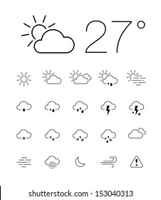 Set of 20 thin and clean outline weather icons for web or mobile use on white background