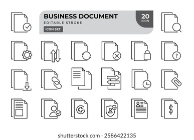 Set of 20 Thin Line Editable Business Document Icons