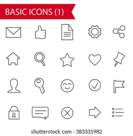 Set of 20 thin line flat style modern icons, collection of icons for mobile and web app (applications) interface design, basic universal simple icon 