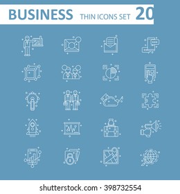 Set of 20 thin line vector business icons, business management, strategy, career progress and business process. Mono line pictograms and infographics design elements