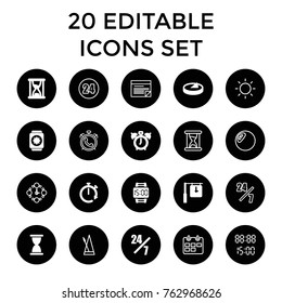 Set of 20 time filled and outline icons such as 24 hours support, clock alarm, hourglass, wrist dial watch, digital time, sundial, wrist watch with sun, clock, stopwatch