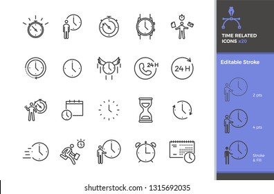 Set of 20 time related vector icons. Different types of time measurement instruments like clock, stopwatch, hourglass. Business, activities, sports, alarm and other time related concepts