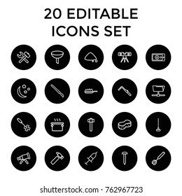Set of 20 tool outline icons such as sponge, nail, hummer, blowtorch, level ruler, filter, telescope, wrench hummer, pan, gardening tool, hoe, garden hammer, ground heap