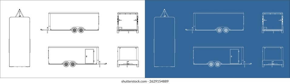 Conjunto 20' trailer. Planta e arte de malha de arame. 8.5x20 pés Transporte, logística, ilustração conceito de transporte com todos os lados isolados em um fundo transparente. 