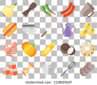 Set Of 20 transparent icons such as Cookies, Whisk, Pot, Apple, Sushi, Mug, Doughnut, Mustard, Octopus, Mixer, Teapot, Onion, Pistachio, Pepper, transparency icon pack, pixel perfect