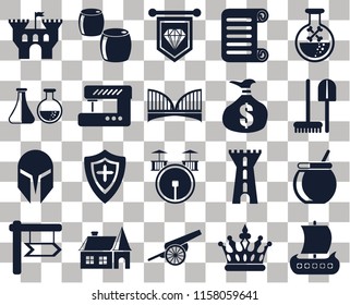 Set Of 20 transparent icons such as Viking ship, Crown, Cannon, House, , Poison, Cauldron, Drum, Helmet, Sewing machine, Money bag, Castle, Tools, Standard, transparency icon pack, pixel perfect