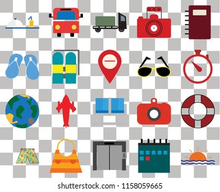 Set Of 20 transparent icons such as Sunset, Time, Notebook, Photography, Swimsuit, Bus, Camera, Flip flops, transparency icon pack, pixel perfect