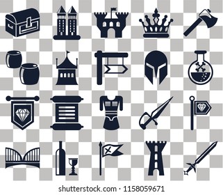 Set Of 20 transparent icons such as Sword, Tower, Flag, Wine, Bridge, Axe, Standard, Tunic, Tent, Helmet, Chest, Poison, Castle, transparency icon pack, pixel perfect