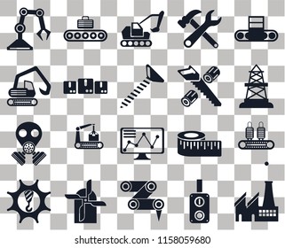 Set Of 20 transparent icons such as Factory, Oilfield, Conveyor, Tools, Machinery, Measure, Digger, transparency icon pack, pixel perfect