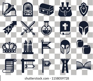 Set Of 20 transparent icons such as Bridge, Tower, Standard, , Scroll, Shield, Beer, Flag, Crown, Swords, Bible, Crossbow, Helmet, Chest, transparency icon pack, pixel perfect