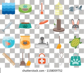 Set Of 20 transparent icons such as Shopping bag, Leash, First aid, Dustpan, Comb, Fish, Turtle, Snake, Fishbowl, Bowl, Scratching, Water, Rabbit, Thermometer, transparency icon pack, pixel perfect