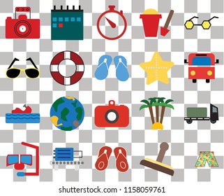 Set Of 20 transparent icons such as Swimsuit, Bus, Sunglasses, Sand bucket, Snorkel, Calendar, Palm tree, transparency icon pack, pixel perfect