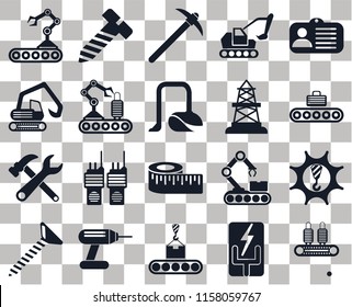 Set Of 20 transparent icons such as Conveyor, Id card, Excavator, Screw, Bolt, Digger, transparency icon pack, pixel perfect