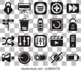 Set Of 20 transparent icons such as Battery, Hide, Switch, Volume control, Mute, Fast forward, Server, Controls, Shuffle, Trash, Restart, Lock, Locked, Menu, transparency icon pack, pixel perfect