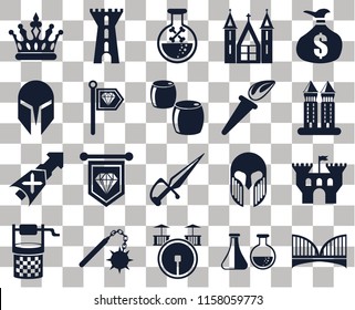 Set Of 20 transparent icons such as Bridge, Alchemy, Drum, Morning star, Water well, Money bag, Castle, Dagger, Lance, Standard, Torch, Crown, Tower, Poison, transparency icon pack, pixel perfect