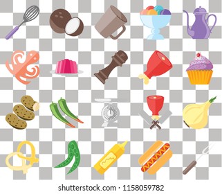 Set Of 20 transparent icons such as Fork, Hot dog, Mustard, Peas, Pretzel, Teapot, Onion, Scale, Potatoes, Jelly, Ham, Whisk, Cupcake, Mug, transparency icon pack, pixel perfect