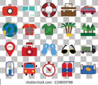 Set Of 20 transparent icons such as Map, Aqualung, Time, Bus, Bellhop, Minivan, Trailer, Flip flops, Lifejacket, Palm tree, Camera, Forest, Lifebuoy, transparency icon pack, pixel perfect