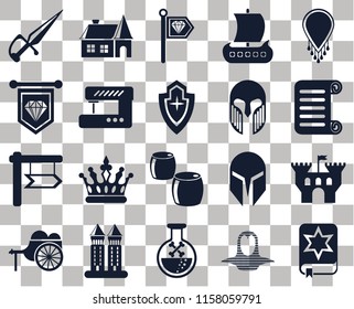 Set Of 20 transparent icons such as Spellbook, Coif, Poison, Tower, Wheelbarrow, Necklace, Castle, Beer, , Sewing machine, Armour, Dagger, Scroll, Standard, transparency icon pack, pixel perfect