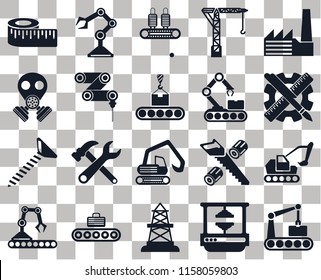 Set Of 20 transparent icons such as Conveyor, Planning, Factory, Crane, Robot arm, Wood cutting, Gas mask, transparency icon pack, pixel perfect
