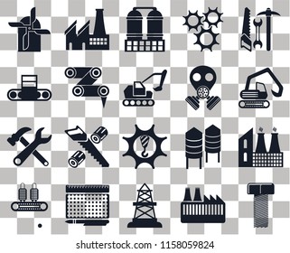 Set Of 20 transparent icons such as Bolt, Factory, Oilfield, print, Conveyor, Tools, Machinery, Robot arm, Gas mask, Mill, Digger, Refinery, transparency icon pack, pixel perfect