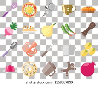 Set Of 20 transparent icons such as Pomegranate, Gingerbread, Mug, Doughnut, Jelly, Pie, Pistachio, Fork, Whisk, Risotto, Pepper, Spatula, Grinder, transparency icon pack, pixel perfect