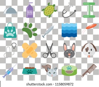 Set Of 20 transparent icons such as Comb, Pet bed, Pet, Bowl, Syringe, Platform, Dog, Scissors, Leash, Animal, Water, Food, Frisbee, Turtle, transparency icon pack, pixel perfect