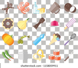 Set Of 20 transparent icons such as Fork, Sushi, Pretzel, Pot, Pepper, Coconut, Whisk, Water, Pumpkin, Onion, Jelly, Gingerbread, Ice cream, Dairy, transparency icon pack, pixel perfect