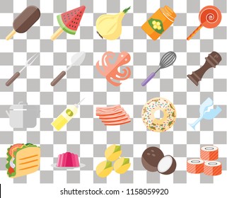 Set Of 20 transparent icons such as Sushi, Coconut, Pistachio, Jelly, Taco, Jawbreaker, Glass, Bacon, Pot, Spoon, Whisk, Ice cream, Pepper, Onion, transparency icon pack, pixel perfect