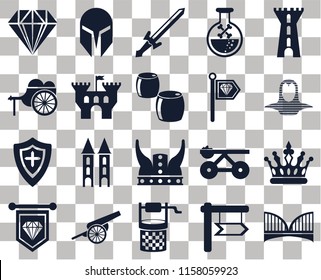 Set Of 20 transparent icons such as Bridge, , Water well, Cannon, Standard, Tower, Crown, Viking, Shield, Castle, Jewelry, Coif, Sword, transparency icon pack, pixel perfect