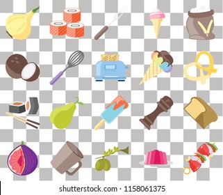 Set Of 20 transparent icons such as Kebab, Jelly, Olives, Mug, Fig, Flour, Bread, Ice cream, Sushi, Whisk, Onion, Pretzel, Fork, transparency icon pack, pixel perfect