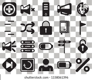 Set Of 20 transparent icons such as Percent, Battery, User, Restart, Skip, Worldwide, Unlocked, Speaker, Shuffle, Notebook, Add, Flag, Server, transparency icon pack, pixel perfect