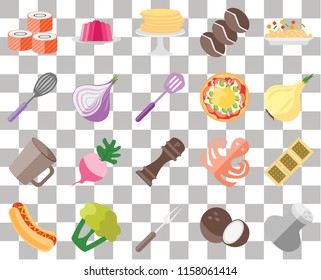 Set Of 20 transparent icons such as Salt, Coconut, Fork, Cauliflower, Hot dog, Risotto, Biscuit, Pepper, Mug, Onion, Pizza, Sushi, Pancakes, transparency icon pack, pixel perfect