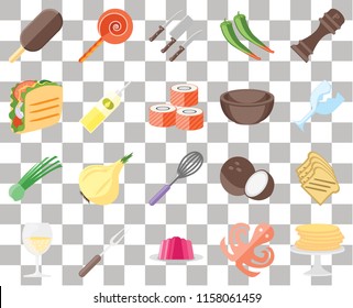 Set Of 20 transparent icons such as Pancakes, Octopus, Jelly, Fork, Glass, Pepper, Toast, Whisk, Chives, Oil, Bowl, Ice cream, Knives, transparency icon pack, pixel perfect