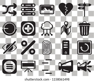 Set Of 20 transparent icons such as Speaker, Megaphone, Lines, Television, Menu, Street, Restart, Fingerprint, Hide, Add, Map, Shuffle, Garbage, Photos, transparency icon pack, pixel perfect