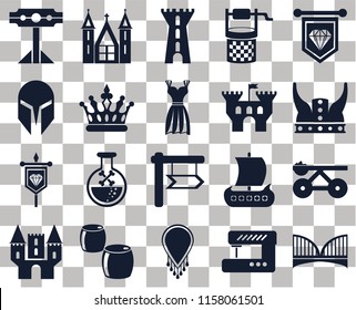 Set Of 20 transparent icons such as Bridge, Sewing machine, Necklace, Beer, Castle, Standard, Trebuchet, , Banner, Crown, Pillory, Viking, Tower, transparency icon pack, pixel perfect