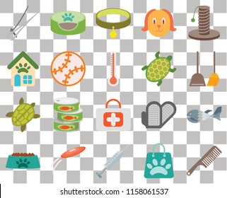 Set Of 20 transparent icons such as Comb, Shopping bag, Injection, Frisbee, Bowl, Scratching, Fish, First aid, Turtle, Toy, Nail trimmer, Dustpan, Collar, transparency icon pack, pixel perfect