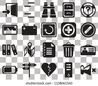 Set Of 20 transparent icons such as Mute, Server, Dislike, Street, Battery, Help, Id card, Notepad, Archive, Add, Exit, Forbidden, Binoculars, transparency icon pack, pixel perfect