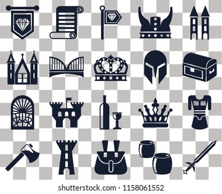 Set Of 20 transparent icons such as Sword, Beer, Belt pouch, Tower, Axe, Tunic, Wine, Stained glass window, Bridge, Helmet, Standard, Chest, transparency icon pack, pixel perfect