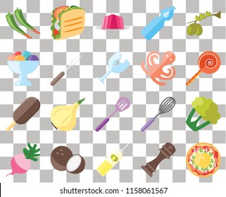 Set Of 20 transparent icons such as Pizza, Pepper, Oil, Coconut, Radish, Olives, Cauliflower, Spatula, Ice cream, Fork, Octopus, Jawbreaker, Jelly, transparency icon pack, pixel perfect