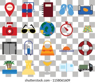 Set Of 20 transparent icons such as Trailer, Postcards, Cocktail, Sand castle, Island, Map, Lifebuoy, Bag, Elevator, Sunglasses, Time, Swimsuit, Notebook, transparency icon pack, pixel perfect