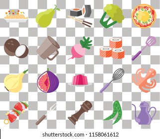 Set Of 20 transparent icons such as Teapot, Peas, Pepper, Fork, Kebab, Pizza, Octopus, Jelly, Onion, Mug, Sushi, Risotto, Spatula, transparency icon pack, pixel perfect